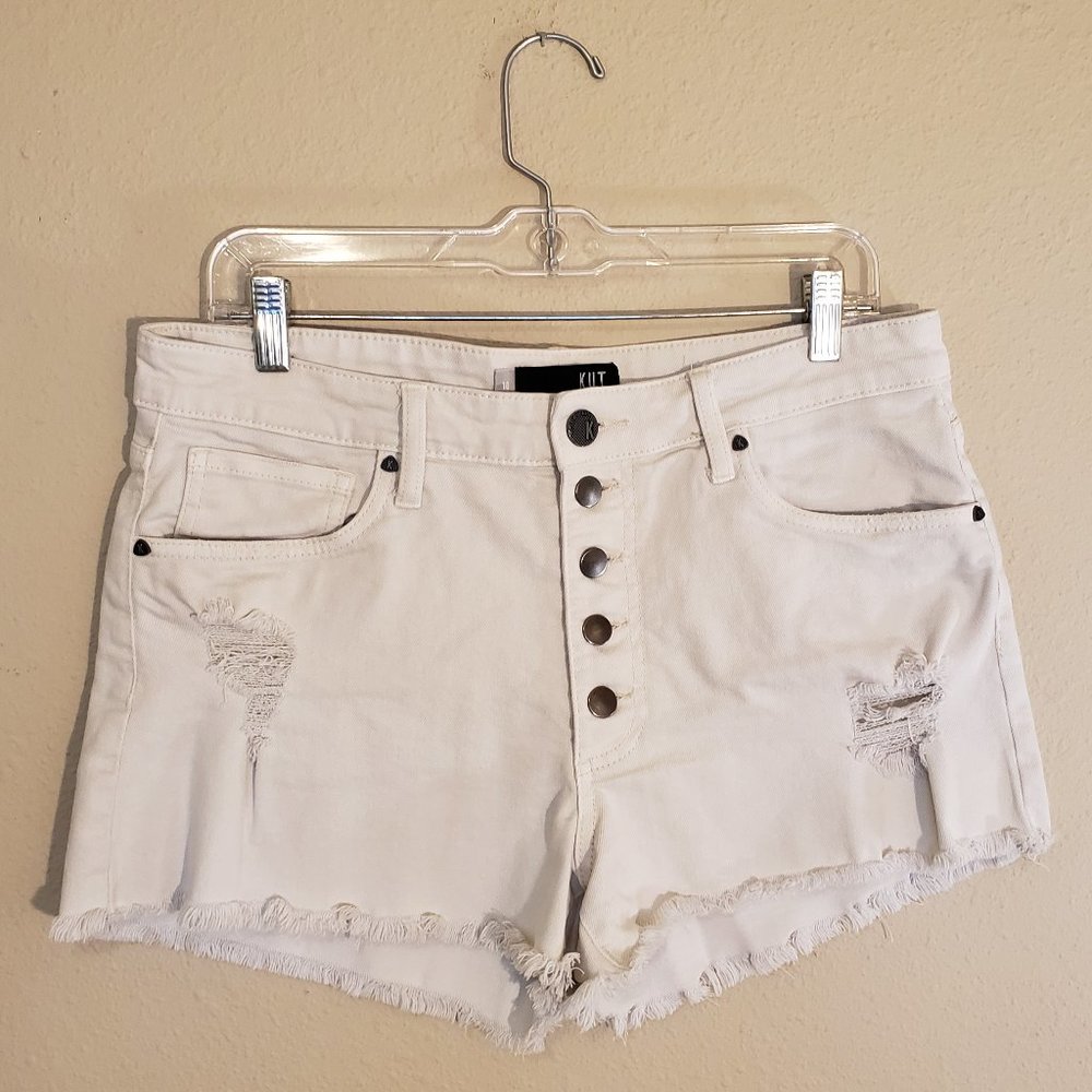 Kut from the Kloth Jane High Rise Distressed White Denim Short size 10